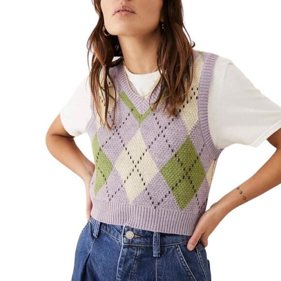 Urban Outfitters Argyle Cropped Vest Sz M - Picture 1 of 9